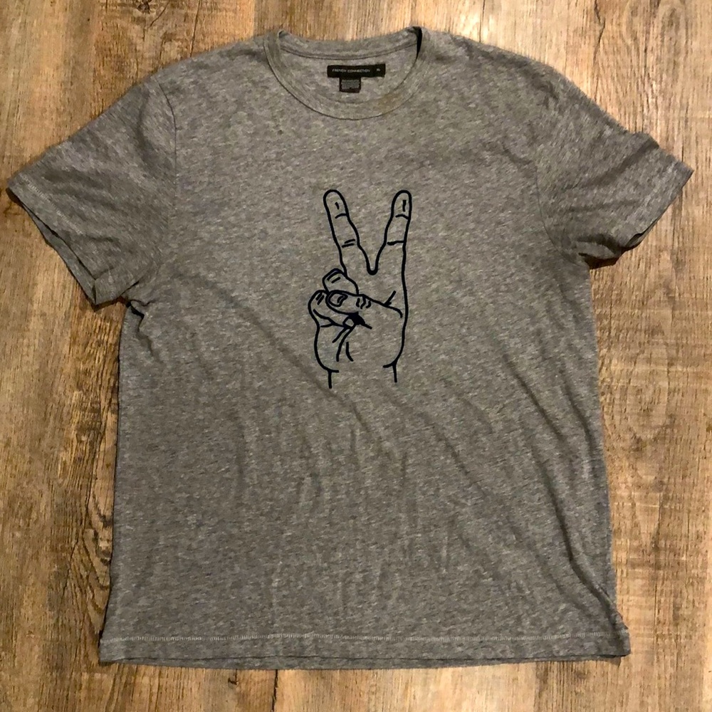 Soft and comfy grey French Connection t-shirt with peace sign stitched on front